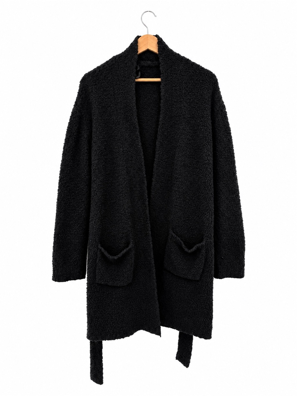 Skims Black Boucle Teddy Robe Cardigan Belted Duster Open Front Cozy Pockets